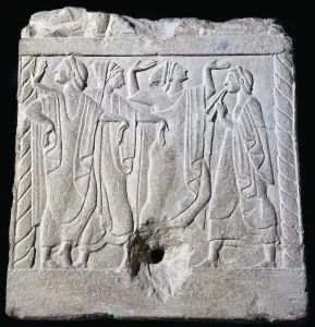 Chiusi Gallery: Etruscan relief of dancers and a musician, 6th century BC