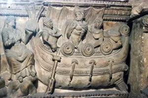 Etruscan Relief on funerary Urn, Odysseus (Ulysses) bound to mast with Sirens, c4th century BC