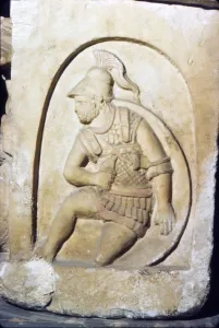 Chiusi Gallery: Etruscan Soldier wearing early Chain Mail, Sarcophagus, Chiusi, c3rd century BC-2nd Century BC