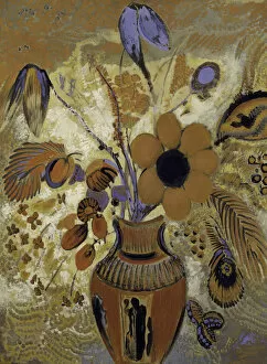 Tempera On Canvas Collection: Etruscan Vase with Flowers, 1900-1910. Creator: Odilon Redon