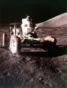Eugene Cernan using the Rover on the lunar surface, Apollo 17 mission, December 1972 Eugene Cernan using the Rover on the lunar surface, Apollo 17 mission, December 1972