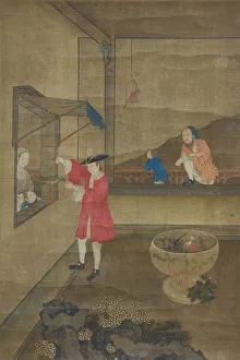 European Couple and Child Playing with Parrot, 18th century. Creator: Unknown European Couple and Child Playing with Parrot, 18th century. Creator: Unknown