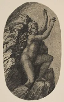 Giulio Gallery: Eurydice naked standing on a rock, her arms raised to the right, ca. 1515-27