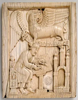 Saint Mark Prints: Evangelist Saint Mark writing the Gospel with his symbol, the Lion, holding a scroll
