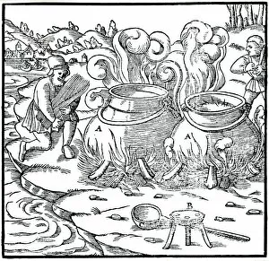 Brine Gallery: Evaporating sea water in iron pots to obtain salt, 1556
