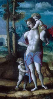 Tempera And Oil On Wood Collection: Eve with Cain and Abel, 1520s. Creator: Bacchiacca