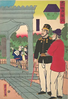 Yoshitora Utagawa Prints: Evening Glow at Motomura [Two Englishmen looking at the sunset], 1st month, 1861