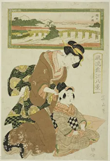 Evening Glow at Seta (Seta sekisho), from the series Fashionable Eight Views of... c. 1814/17. Creator: Kikukawa Eizan. Evening Glow at Seta (Seta sekisho), from the series Fashionable Eight Views of... c. 1814/17. Creator: Kikukawa Eizan
