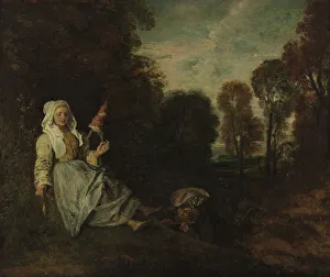Jean Antoine 1684 1721 Prints: Evening Landscape with Spinner, ca 1715. Artist: Watteau, Jean Antoine (1684-1721)