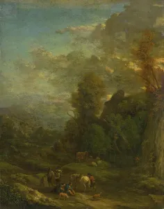 Staffage Prints: Evening landscape with travellers, c1700. Creator: Cornelis Huysmans