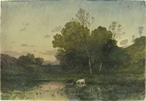 Harpignies Henri Joseph Prints: Evening Light on a Wooded Lakeside with Cattle Drinking
