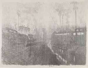 Munitions Factory Gallery: Evening in the Munitions Country, 1916. Creator: Joseph Pennell