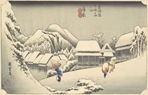 Evening Snow at Kanbara, from the series Fifty-three Stations of the Tokaido, ca... ca. 1833-34. Creator: Ando Hiroshige. Evening Snow at Kanbara, from the series Fifty-three Stations of the Tokaido, ca... ca. 1833-34