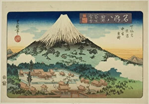 Rooftop Gallery: Evening Snow on Mount Fuji, Complete View of the Inner and Middle Shrines at Shimo... c. 1833 / 34