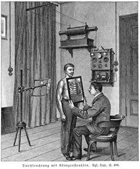 Examining a patients thorax using an X-ray tube and fluorescent screen, 1903 Examining a patients thorax using an X-ray tube and fluorescent screen, 1903