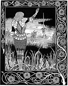 Excalibur being reclaimed by the Lady of the Lake, 1893. Artist: Aubrey Beardsley Excalibur being reclaimed by the Lady of the Lake, 1893. Artist: Aubrey Beardsley