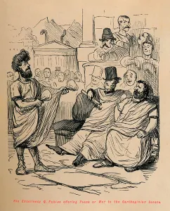 Carthaginian Collection: His Excellency Q Fabius offering Peace or War to the Carthaginian Senate, 1852. Artist: John Leech