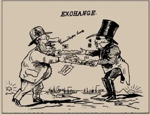 Wirgman Prints: Exchange. The Japan Punch, August 1875, 1875. Creator: Wirgman, Charles (1832-1891)