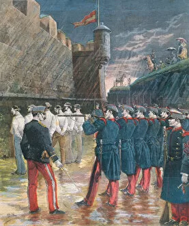 Execution by firing squad in the moats of the Castle of Montjuic, six anarchists