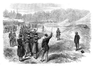 Defiance Prints: Execution of Rossel, Ferré, and Bourgeois at Satory, near Paris, 1871. Creator: Unknown