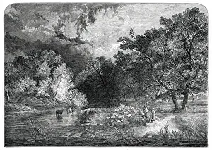 Exhibition of the National Institution - A Woodland River - painted by S. R. Percy, 1850. Creator: Unknown. Exhibition of the National Institution - A Woodland River - painted by S. R. Percy, 1850. Creator: Unknown