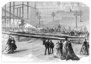 Visitors Prints: Exhibition of the Oxford and Cambridge boats at the Crystal Palace, 1869. Creator: Unknown