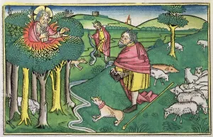 Burning Bush Prints: Exodus 3: 1-22 and 4: 1-4: the burning bush amd God arming Moses with the miraculous rod