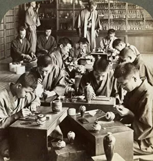 Cloisonne Gallery: Expert workmen creating designs in cloisonne, Kyoto, Japan, 1904. Artist: Underwood & Underwood