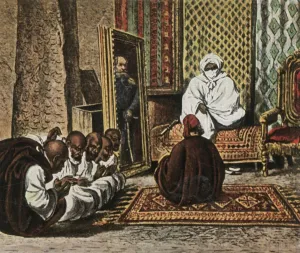 Visiting Prints: The explorer Nachtigal with Sheik Omar of Bornu, 5 June 1870, (1936). Creator: Unknown