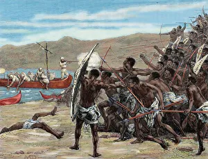 Explorers confronting natives of Bumbireh Island, Africa, 1870s, (1880). Creator: Laplante