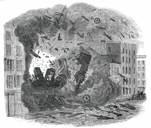 Machine Shop Prints: Explosion of a Steam-Boiler in Hague-Street, New York, 1850. Creator: Unknown
