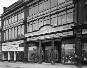 Clothes Shop Gallery: Exterior of the Barnsley Co-op central mens tailoring department, South Yorkshire, 1959