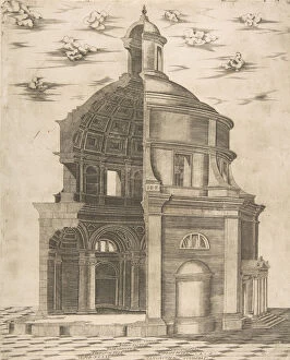 Neptune Gallery: Exterior and interior section of a temple in Rome dedicated to Neptune, 1541