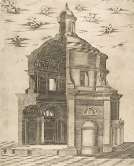 Exterior and interior section of a temple in Rome dedicated to Neptune, 1541