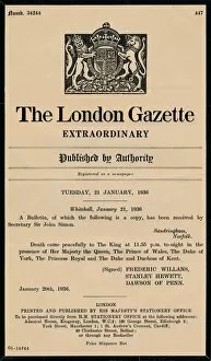 Drug Gallery: An extraordinary bulletin by The London Gazette anouncing the death of King George V (1865-1936)