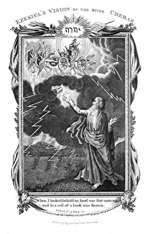 Stormy Prints: Ezekiels vision of a chariot in the sky and a hand in the clouds holding out a book to him