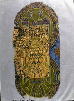 Islamic Art Gallery: Fabric of green eagles, made in silk, with a bow loom, Hispano-Arab, from the Cathedral
