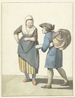Fabric seller negotiating with a woman, 1700-1800. Creator: W. Barthautz