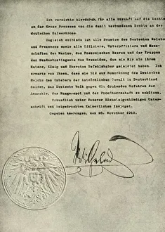 Defeat Collection: Facsimile of the Deed of Abdication of the German Emperor, William II, 1919, (c1920)