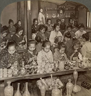 Images Dated 17th July 2008: Factory girls decorating cheap pottery for the foreign markets, Kyoto, Japan, 1904
