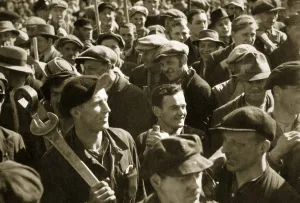 May Day Gallery: Factory workers with their tools celebrate the traditional Socialist holiday, Germany, 1936