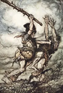 Clubbing Gallery: Fafner kills Fasolt, 1910. Artist: Arthur Rackham