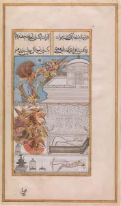 And Silver On Paper Prints: Fairies Descend to the Chamber of Prince Manohar, Folio from a Gulshan-i Ishq... ca
