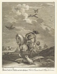 Falconer Prints: Falconeer Lifting an Owl from the Ground. Creator: Johann Elias Ridinger