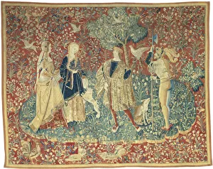 Falconer Prints: A Falconer with Two Ladies and a Foot Soldier, possibly Paris or Bruges, c. 1500