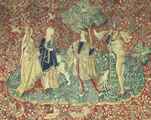 A Falconer with Two Ladies and a Foot Soldier, possibly Paris or Bruges, c. 1500. Creator: Unknown