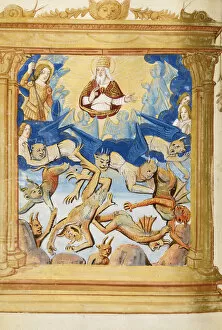 Medieval Illuminated Letter Gallery: The Fall of Lucifer. From Book of Hours, c. 1500. Artist: Anonymous
