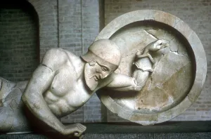 Detail of fallen warrior from the East Pediment of Temple of Aphaia, Aegina, Greece, c500-c480 BC Detail of fallen warrior from the East Pediment of Temple of Aphaia, Aegina, Greece, c500-c480 BC