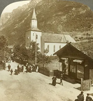 Hordaland Prints: Families and neighbors on a summer Sunday morning at village church, Odde, Norway, c1905