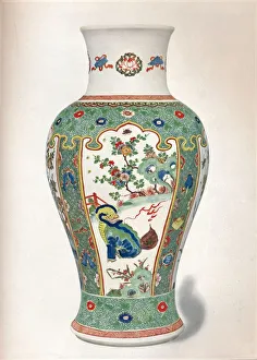 Phoenix Prints: Famille Verte Vase, with four upright panels painted with rocks and flowering plants